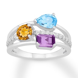 Blue Topaz, Amethyst, & Citrine Ring Sterling Silver