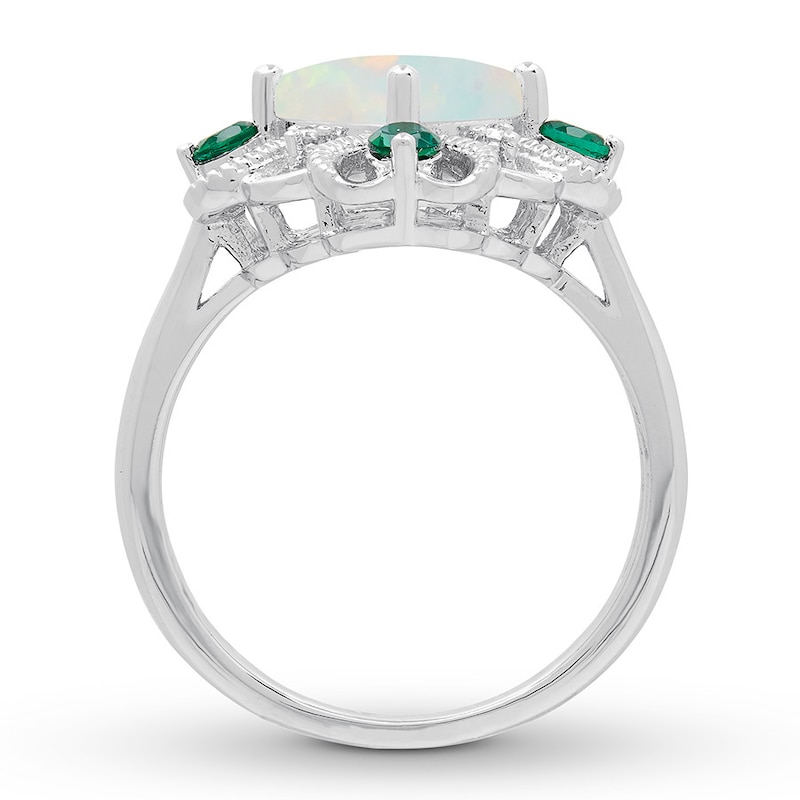 Lab-Created Opal Ring, Lab-Created Emeralds & Diamond Sterling Silver
