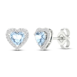 Aquamarine Heart Earrings 1/8 ct tw Diamonds 10K White Gold