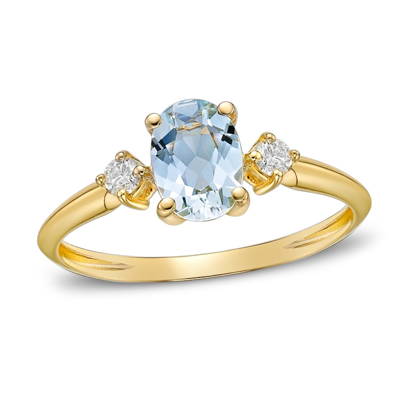 Main Image 1 of Aquamarine & Diamond Ring 1/10 ct tw Oval/Round-Cut 10K Yellow Gold