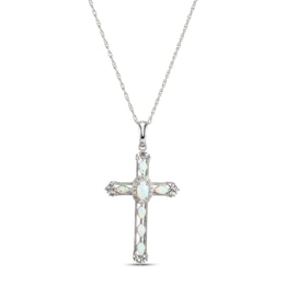 Lab-Created Opal & White Lab-Created Sapphire Cross Necklace Sterling Silver 18&quot;