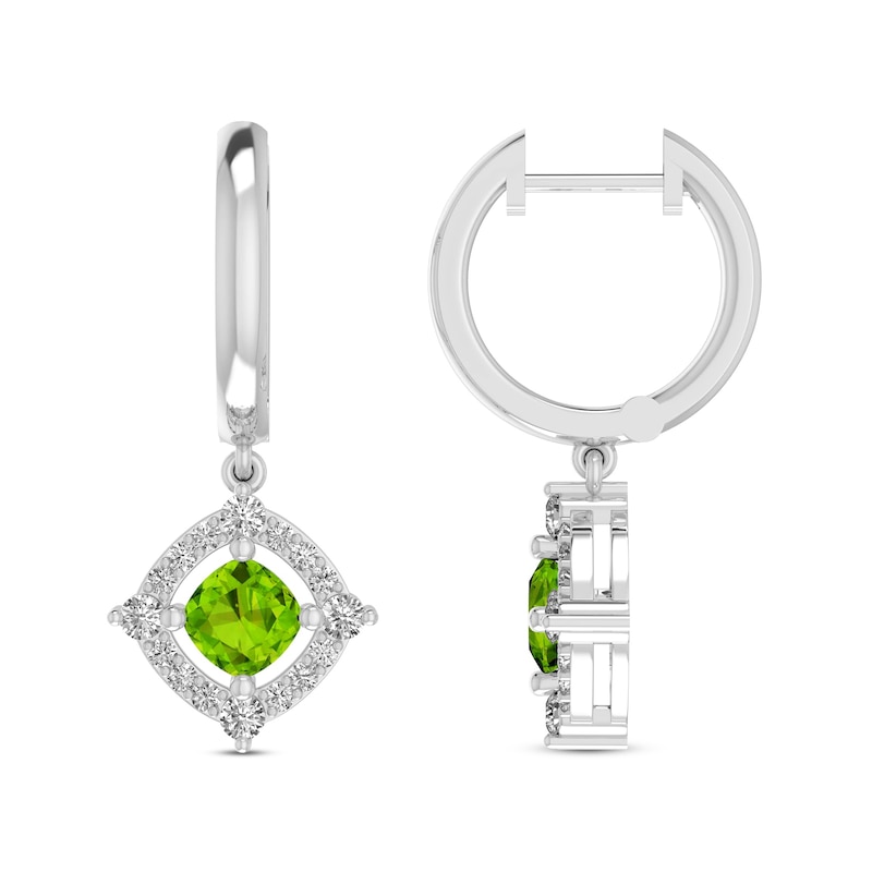 Main Image 1 of Peridot & White Lab-Created Sapphire Huggie-Dangle Earrings Cushion/Round-Cut Sterling Silver