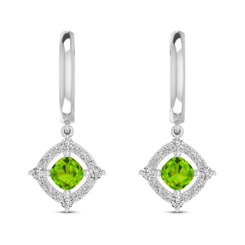 Main Image 2 of Peridot & White Lab-Created Sapphire Huggie-Dangle Earrings Cushion/Round-Cut Sterling Silver