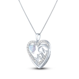 Lab-Created Opal & White Lab-Created Sapphire Mom/Heart Necklace Sterling Silver 18&quot;