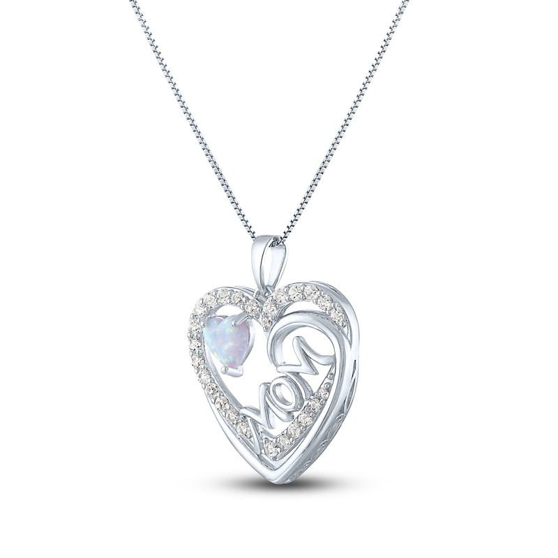 Lab-Created Opal & White Lab-Created Sapphire Mom/Heart Necklace Sterling Silver 18"