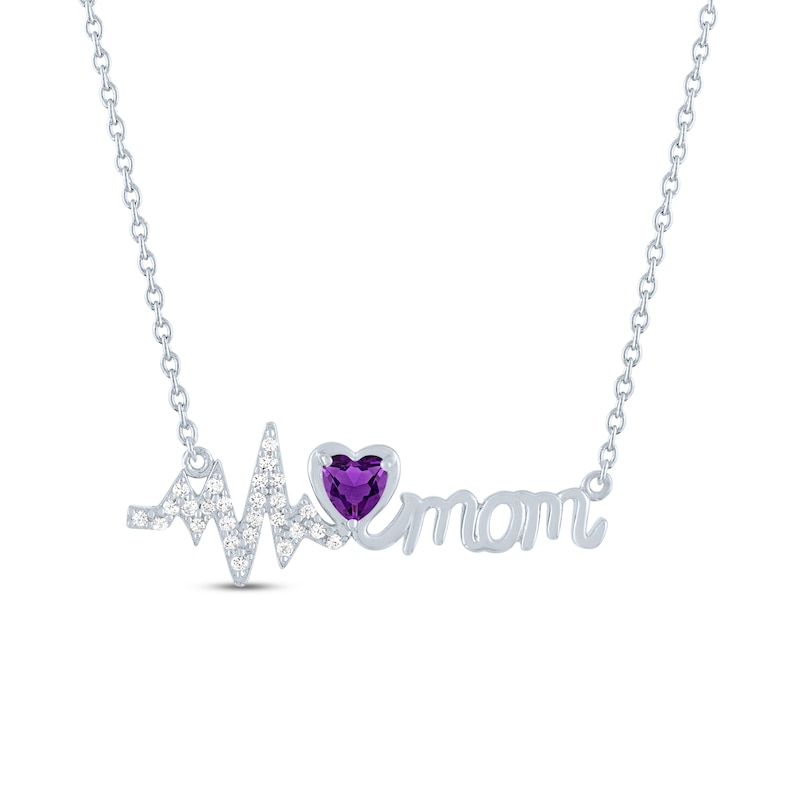 Main Image 1 of Amethyst & White Lab-Created Sapphire Heartbeat/Mom Necklace Sterling Silver 18&quot;