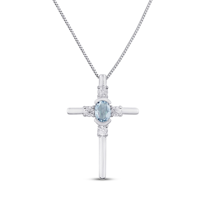 Aquamarine & White Lab-Created Sapphire Cross Necklace Sterling Silver ...