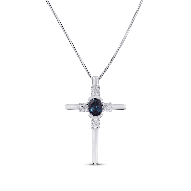 Main Image 1 of Lab-Created Alexandrite & White Lab-Created Sapphire Cross Necklace Sterling Silver 18&quot;