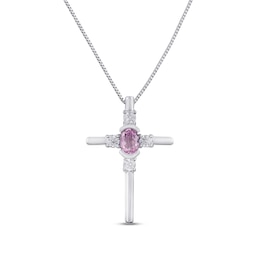 Pink & White Lab-Created Sapphire Cross Necklace Sterling Silver 18&quot;