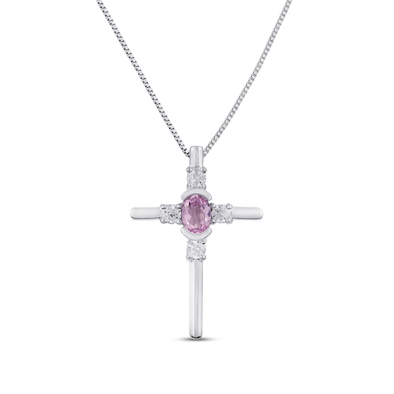 Pink & White Lab-Created Sapphire Cross Necklace Sterling Silver 18"