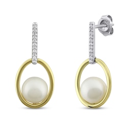 Cultured Pearl Earrings 1/20 ct tw Diamonds Sterling Silver/10K Yellow Gold