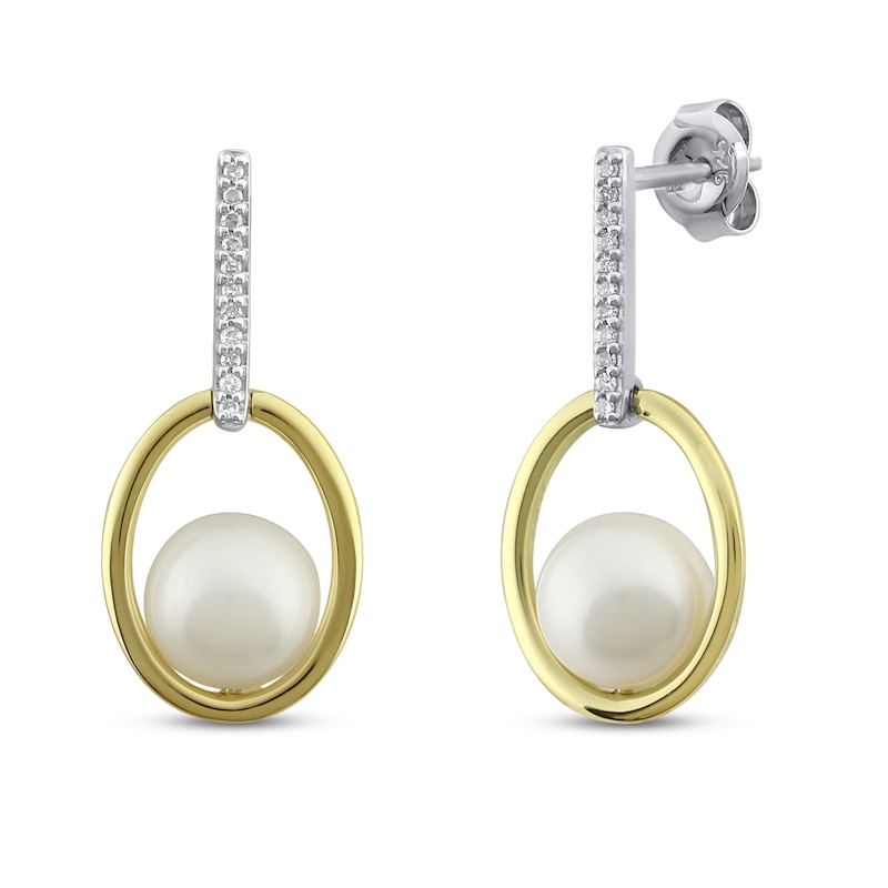 Main Image 1 of Cultured Pearl Earrings 1/20 ct tw Diamonds Sterling Silver/10K Yellow Gold