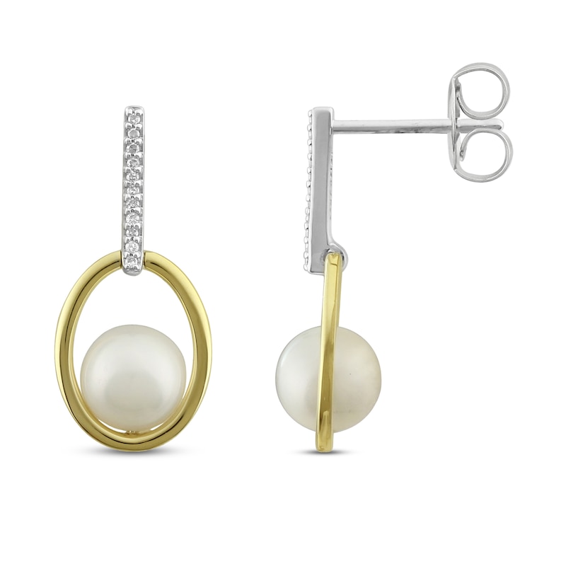 Main Image 2 of Cultured Pearl Earrings 1/20 ct tw Diamonds Sterling Silver/10K Yellow Gold