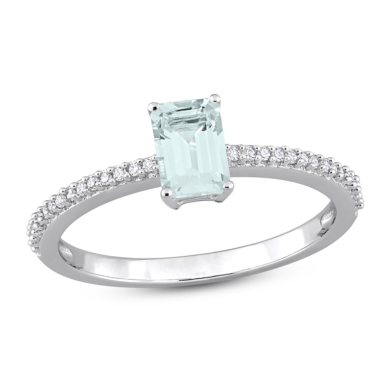 Main Image 1 of Aquamarine & Diamond Ring 1/15 ct tw Emerald/Round-Cut 10K White Gold