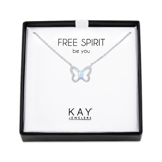 Lab-Created Opal & White Lab-Created Sapphire Butterfly Necklace Sterling Silver 18"