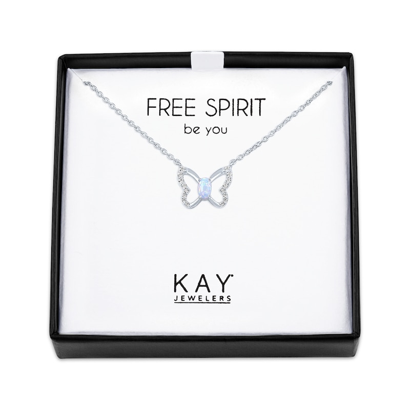 Main Image 1 of Lab-Created Opal & White Lab-Created Sapphire Butterfly Necklace Sterling Silver 18&quot;