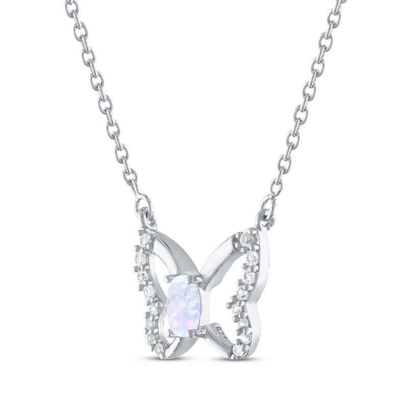 Main Image 2 of Lab-Created Opal & White Lab-Created Sapphire Butterfly Necklace Sterling Silver 18&quot;