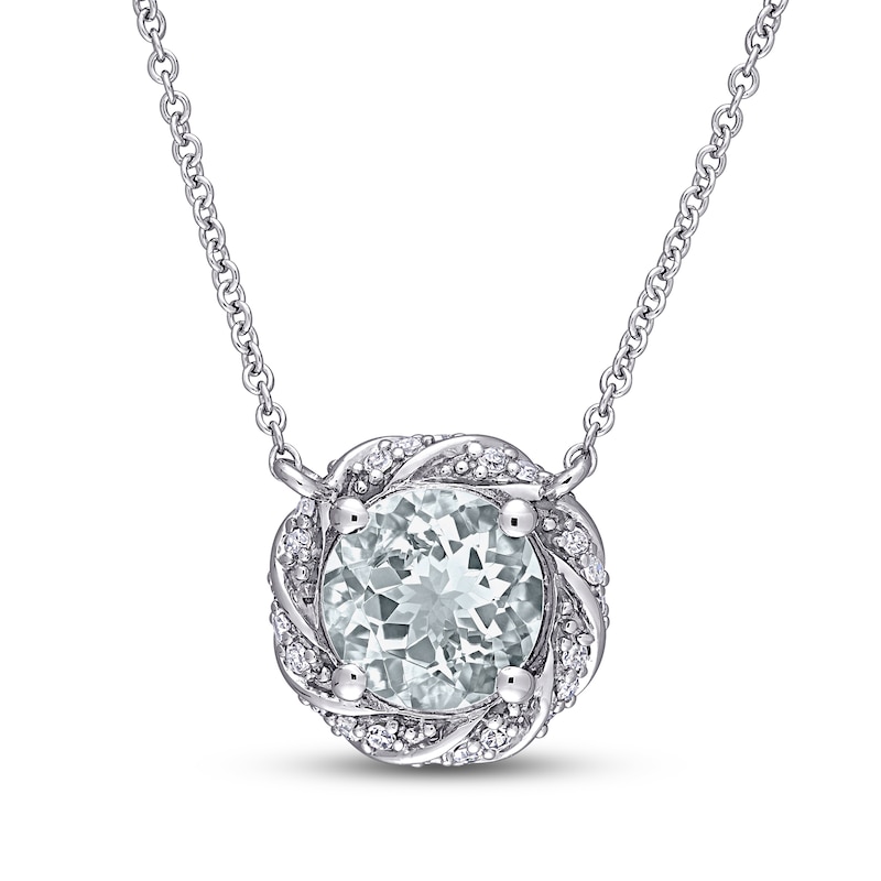 Main Image 1 of Aquamarine & Diamond Necklace 1/8 ct tw Round-Cut 10K White Gold 17&quot;