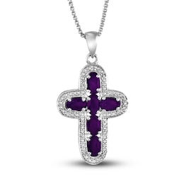 Amethyst & Diamond Cross Necklace Sterling Silver 18&quot;