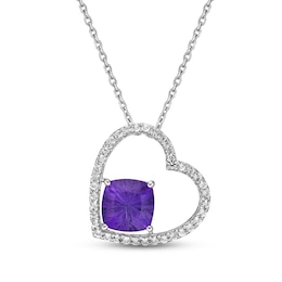 Luminous Cut Amethyst & White Topaz Heart Necklace Sterling Silver 18&quot;