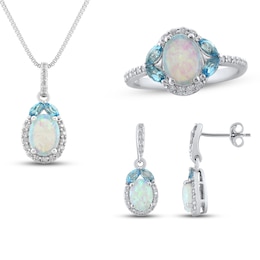 Lab-Created Opal, Swiss Blue Topaz & White Lab-Created Sapphire Boxed Set Sterling Silver - Size 7