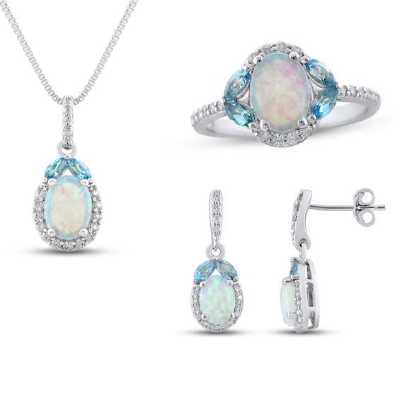 Lab-Created Opal, Swiss Blue Topaz & White Lab-Created Sapphire Boxed Set Sterling Silver - Size 7
