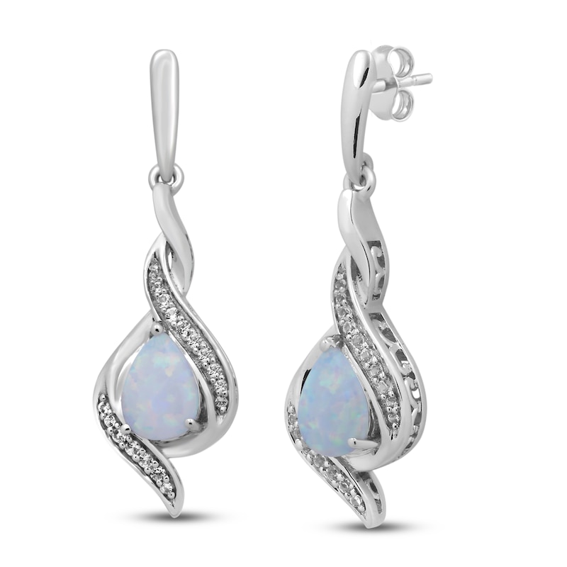 Main Image 1 of Lab-Created Opal & White Lab-Created Sapphire Drop Earrings Sterling Silver