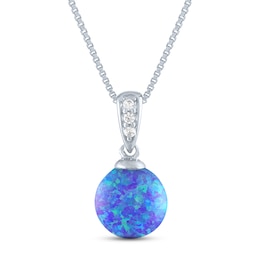 Lab-Created Opal & White Lab-Created Sapphire Necklace Sterling Silver 18&quot;