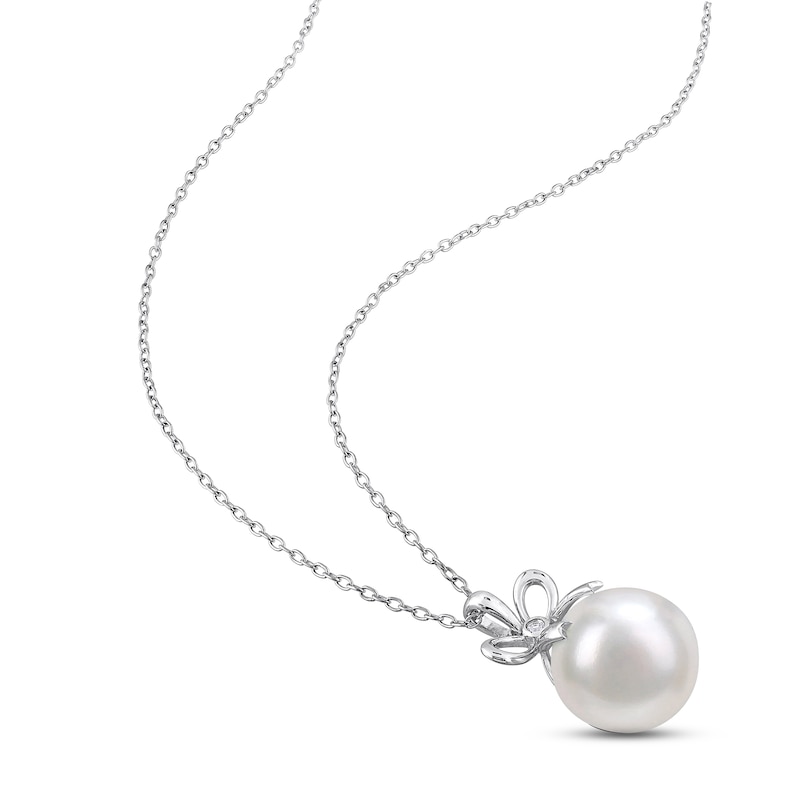 Main Image 2 of Cultured Pearl & White Lab-Created Sapphire Necklace Sterling Silver 18&quot;