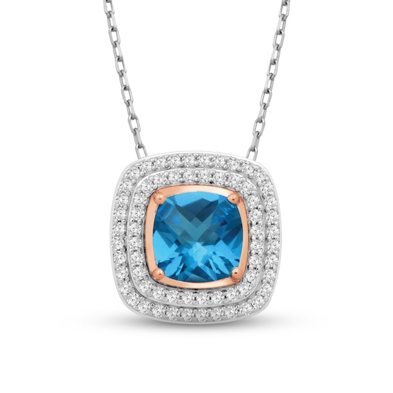 Swiss Blue Topaz & White Lab-Created Sapphire Necklace Sterling Silver & 10K Rose Gold 18"