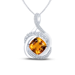 Citrine & Diamond Necklace 1/6 ct tw Round-cut Sterling Silver 18&quot;