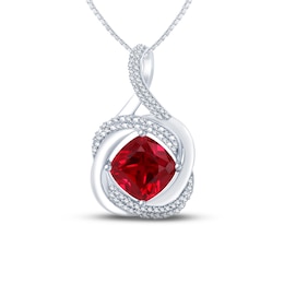 Lab-Created Ruby & Diamond Necklace 1/6 ct tw Round-cut Sterling Silver 18&quot;