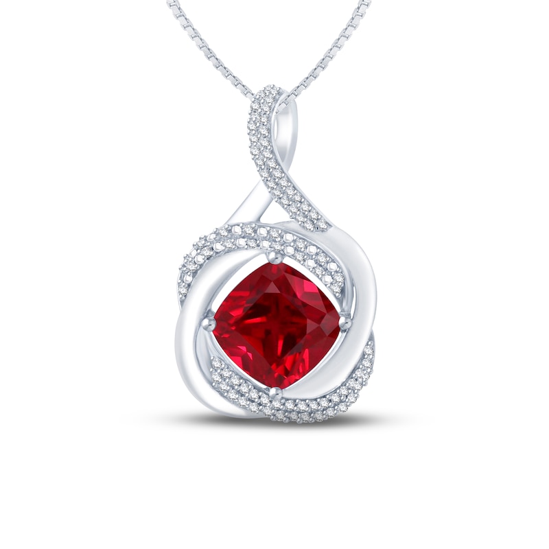 Main Image 1 of Lab-Created Ruby & Diamond Necklace 1/6 ct tw Round-cut Sterling Silver 18&quot;