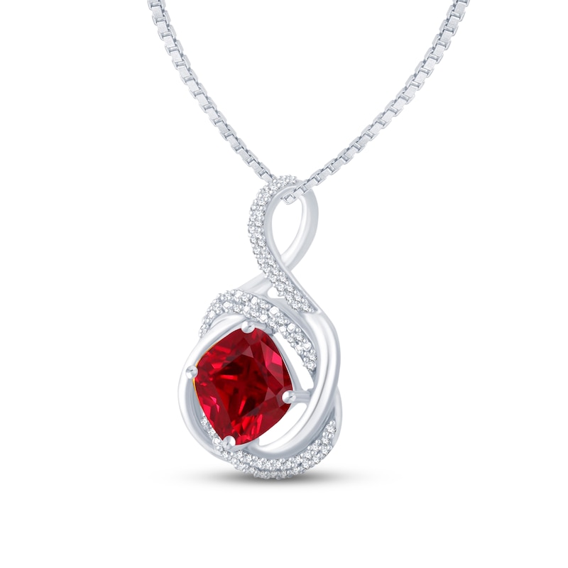 Main Image 2 of Lab-Created Ruby & Diamond Necklace 1/6 ct tw Round-cut Sterling Silver 18&quot;