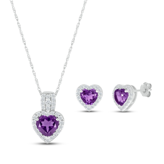 Amethyst & White Lab-Created Sapphire Heart Boxed Set Sterling Silver