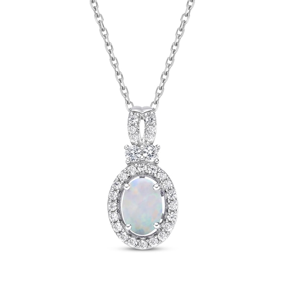 Oval-Cut Lab-Created Opal & White Lab-Created Sapphire Halo Necklace Sterling Silver 18"