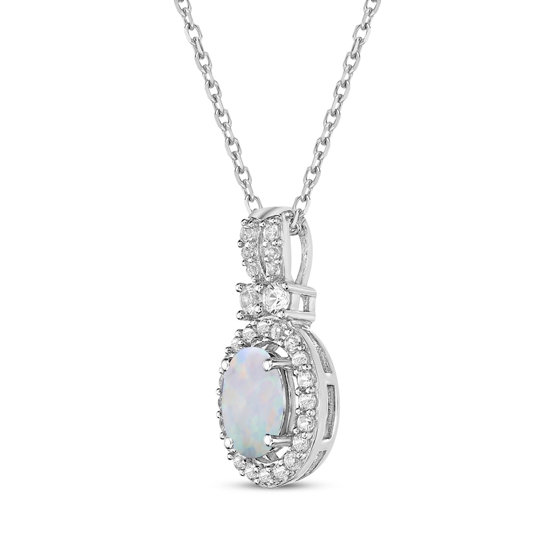 Oval-Cut Lab-Created Opal & White Lab-Created Sapphire Halo Necklace Sterling Silver 18"