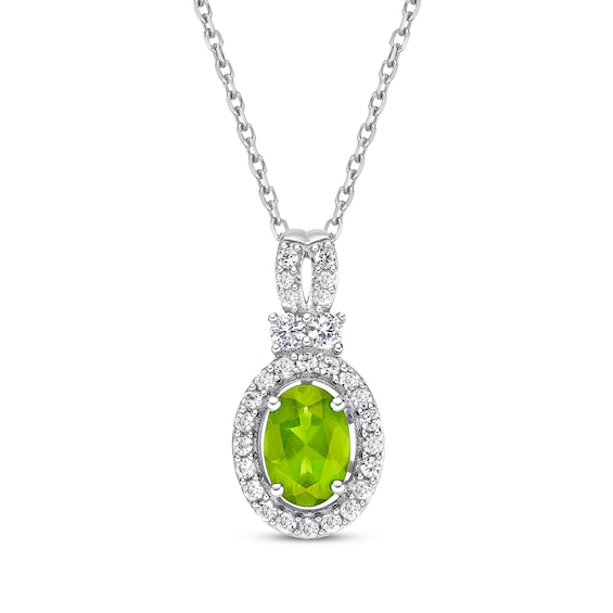Oval-Cut Peridot & White Lab-Created Sapphire Halo Necklace Sterling Silver 18"