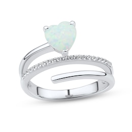 Lab-Created Opal & White Lab-Created Sapphire Heart Ring Sterling Silver