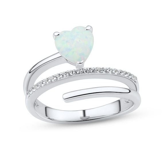 Lab-Created Opal & White Lab-Created Sapphire Heart Ring Sterling Silver