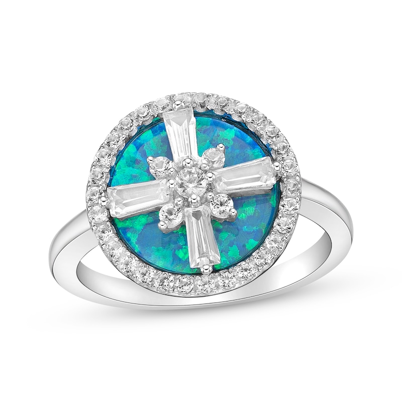 Main Image 1 of Blue-Green Lab-Created Opal Inlay & White Lab-Created Sapphire Compass Ring Sterling Silver