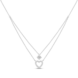 White Round-Cut Lab-Created Sapphire Solitaire & Heart Layered Necklace Sterling Silver 18&quot;