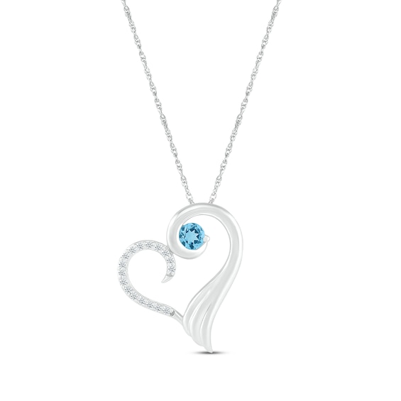 Round Swiss Blue Topaz & White Lab-Created Sapphire Heart Necklace Sterling Silver 18"