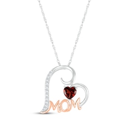 Heart-Shaped Garnet & White Lab-Created Sapphire &quot;Mom&quot; Heart Necklace 10K Rose Gold & Sterling Silver 18&quot;