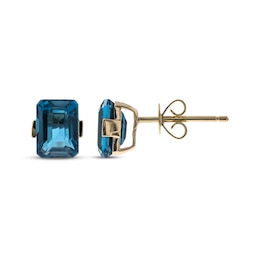 Emerald-Cut London Blue Topaz Stud Earrings 10K Yellow Gold