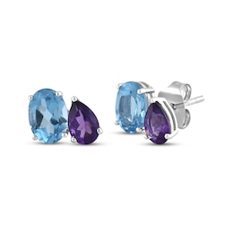 Oval-Cut Swiss Blue Topaz & Pear-Shaped Amethyst Earrings Sterling Silver