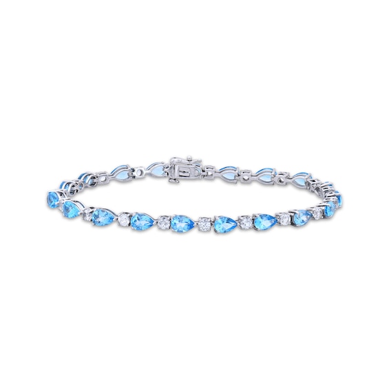Pear-Shaped Swiss Blue Topaz & White Lab-Created Sapphire Bracelet Sterling Silver 7.25”
