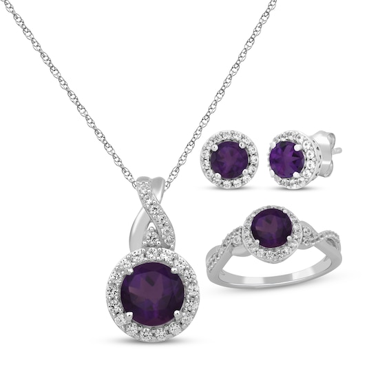 Round-Cut Amethyst & White Lab-Created Sapphire Gift Set Sterling Silver - Size 7