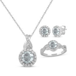Round-Cut Aquamarine & White Lab-Created Sapphire Gift Set Sterling Silver - Size 7