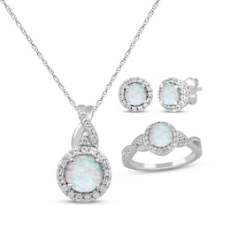 Round-Cut Lab-Created Opal & White Lab-Created Sapphire Gift Set Sterling Silver - Size 7